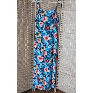 Old Navy Floral Maxi Dress Sz L Tall Tropical Hibiscus Smocked Side Slit Resort